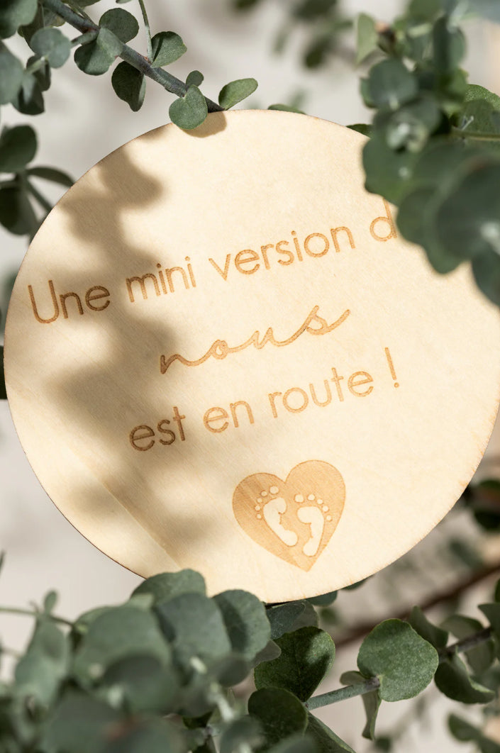 Engraved Wooden Milestone Disc – “Mini Version of Us”